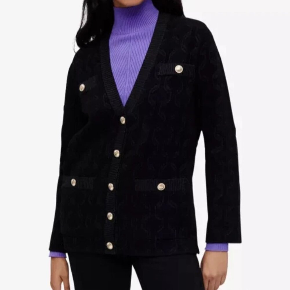 Maje Madeline Black Metallic Jacquard Knit Cardigan Jacket Clover Button M